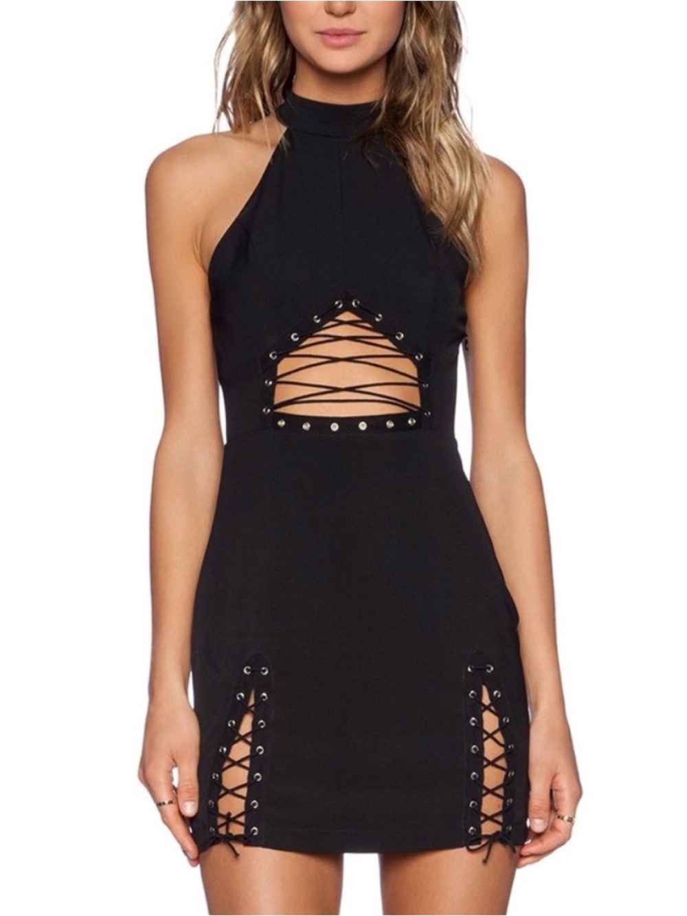 NBD x REVOLVE Lace-Up Cutout Halter Mini Dress Black Size Small